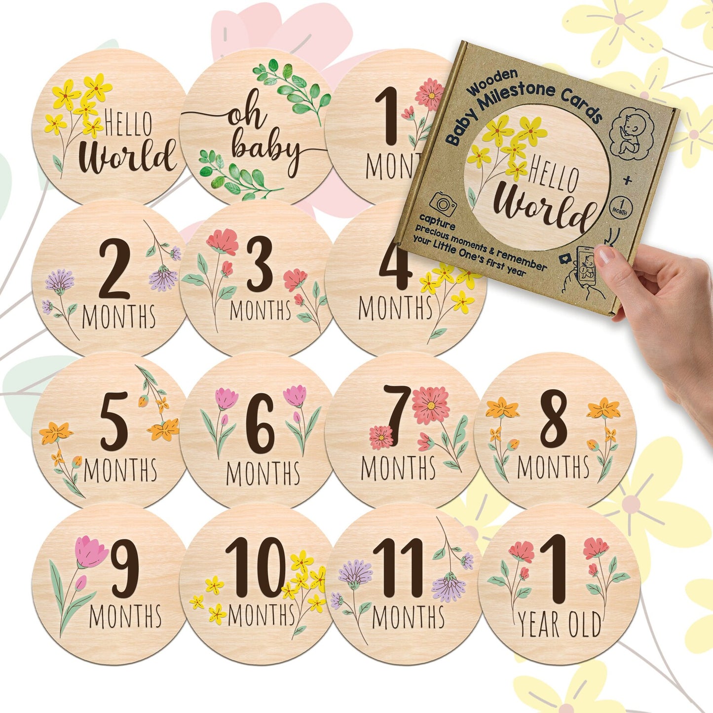 Wooden Baby Milestone Cards - Floral