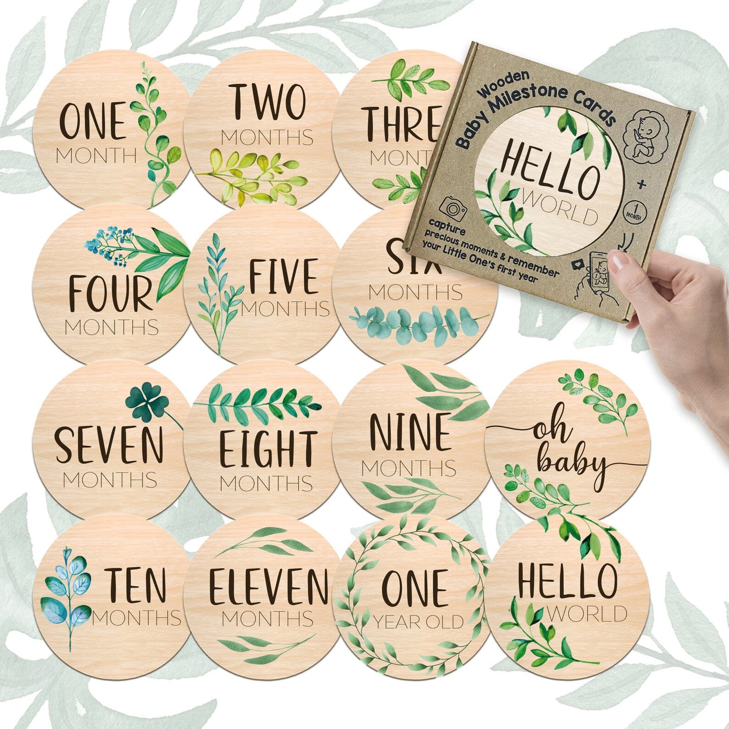 Wooden Baby Milestone Cards - Green Leaves