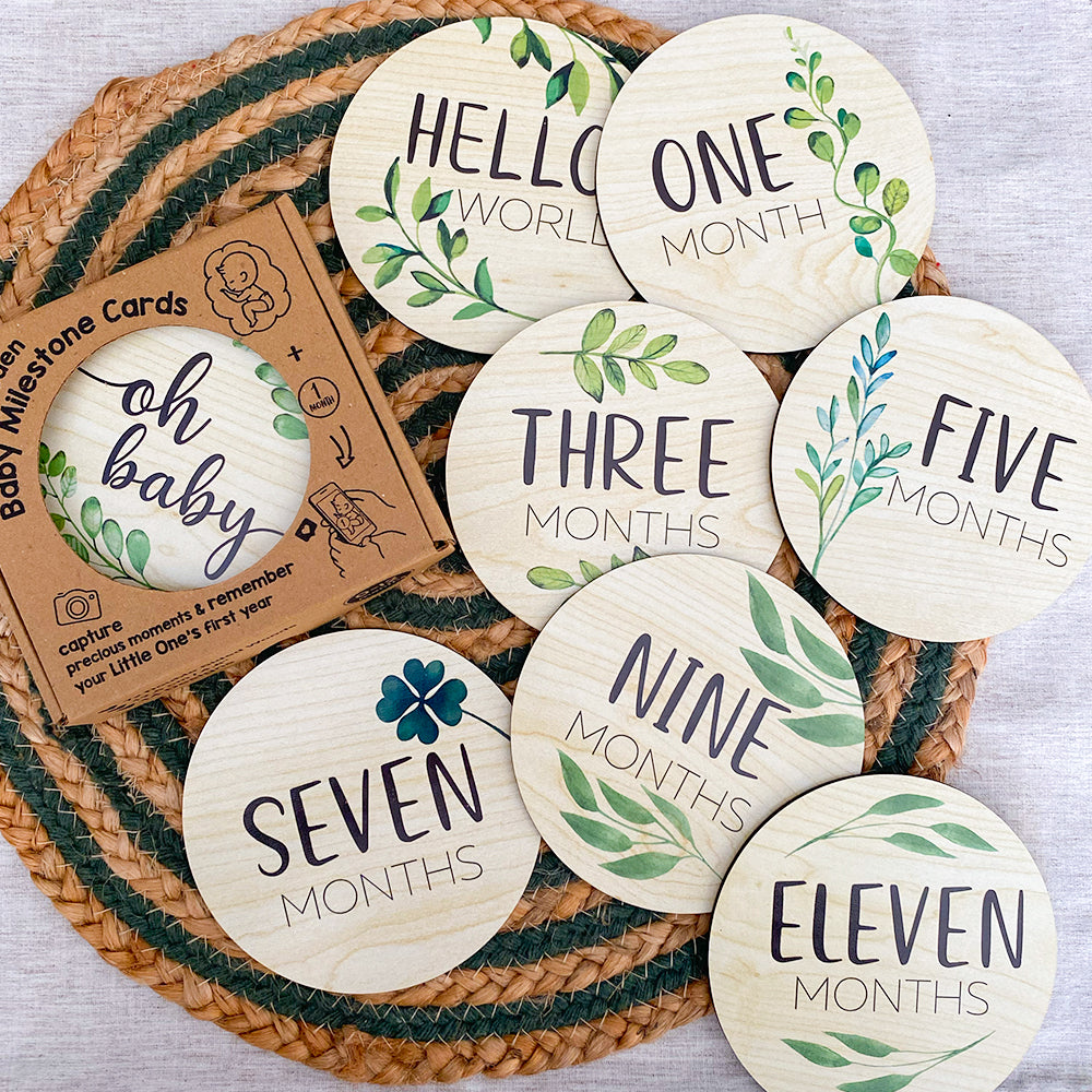 Wooden Baby Milestone Cards - Green Leaves