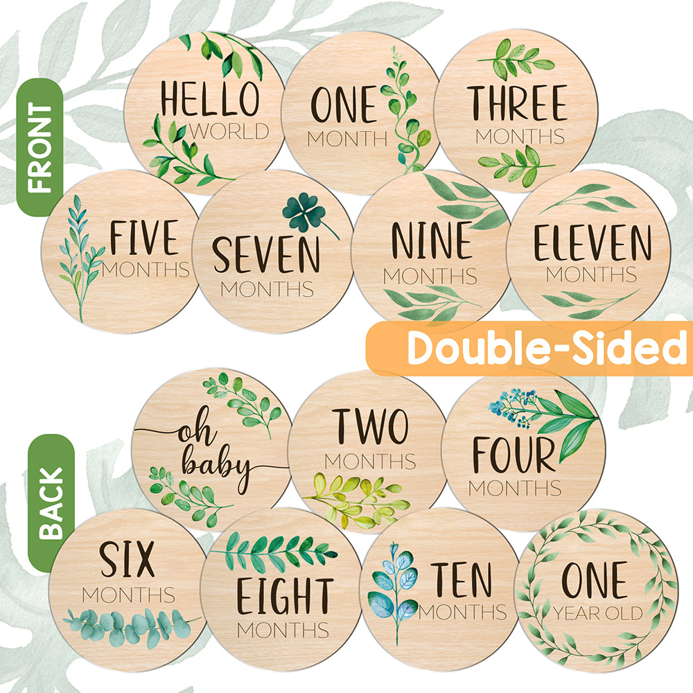 Wooden Baby Milestone Cards - Green Leaves