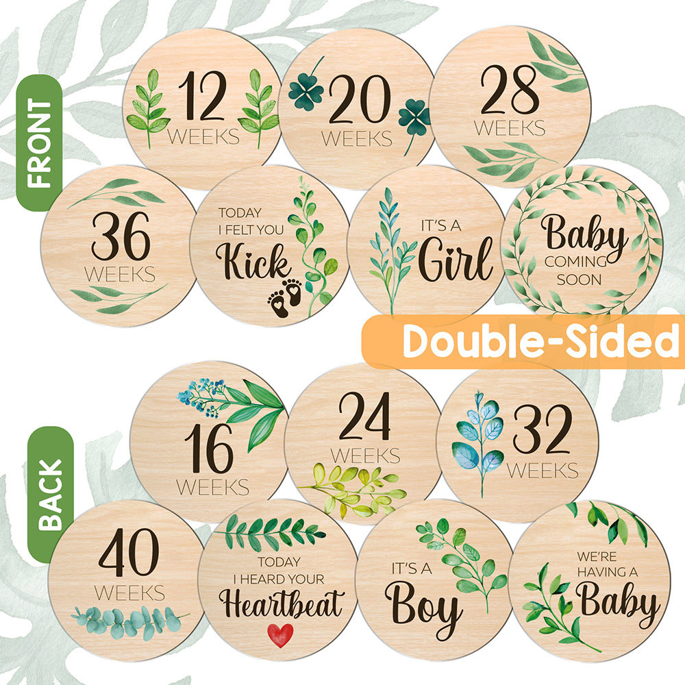 Wooden Pregnancy Milestone Cards - Green Leaves