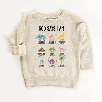 God Says I Am Kids Sweatshirt | Christian Affirmation Dinosaur Shirt for Toddlers