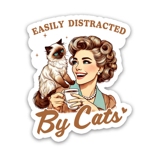 Easily Distracted By Cats Vintage Style Vinyl Sticker