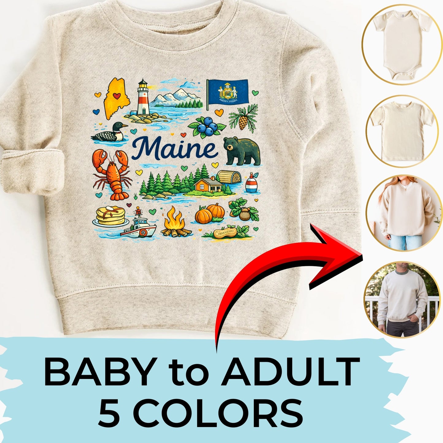 Maine Kids T-Shirt – Pine Tree State Icons