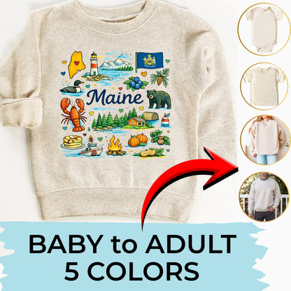 Maine Kids T-Shirt – Pine Tree State Icons