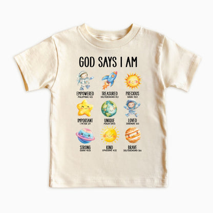 God Says I Am Space – Christian Faith Space Themed Kids Shirt