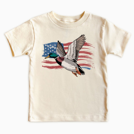 Kids Flying Mallard Duck American Flag T-Shirt