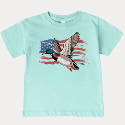 Kids Flying Mallard Duck American Flag T-Shirt