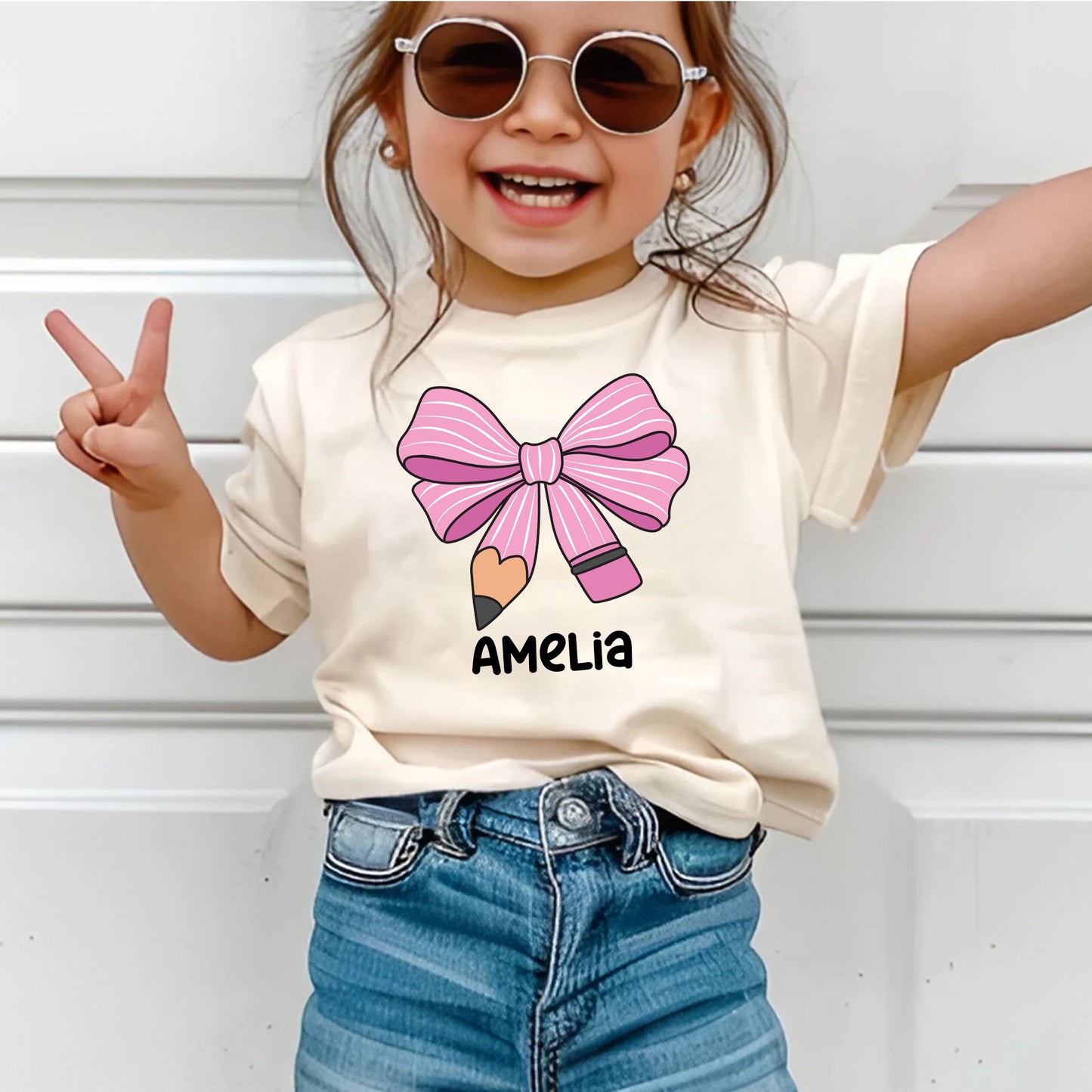 Custom Kids Name Bow Pencil Shirt