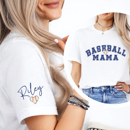 Baseball Mama T-Shirt With Kids Name On Sleeve