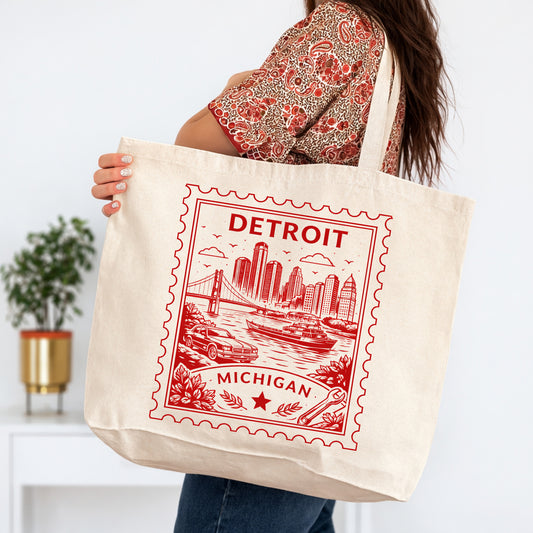 Detroit Michigan Postage Stamp Large Tote Bag 20x15
