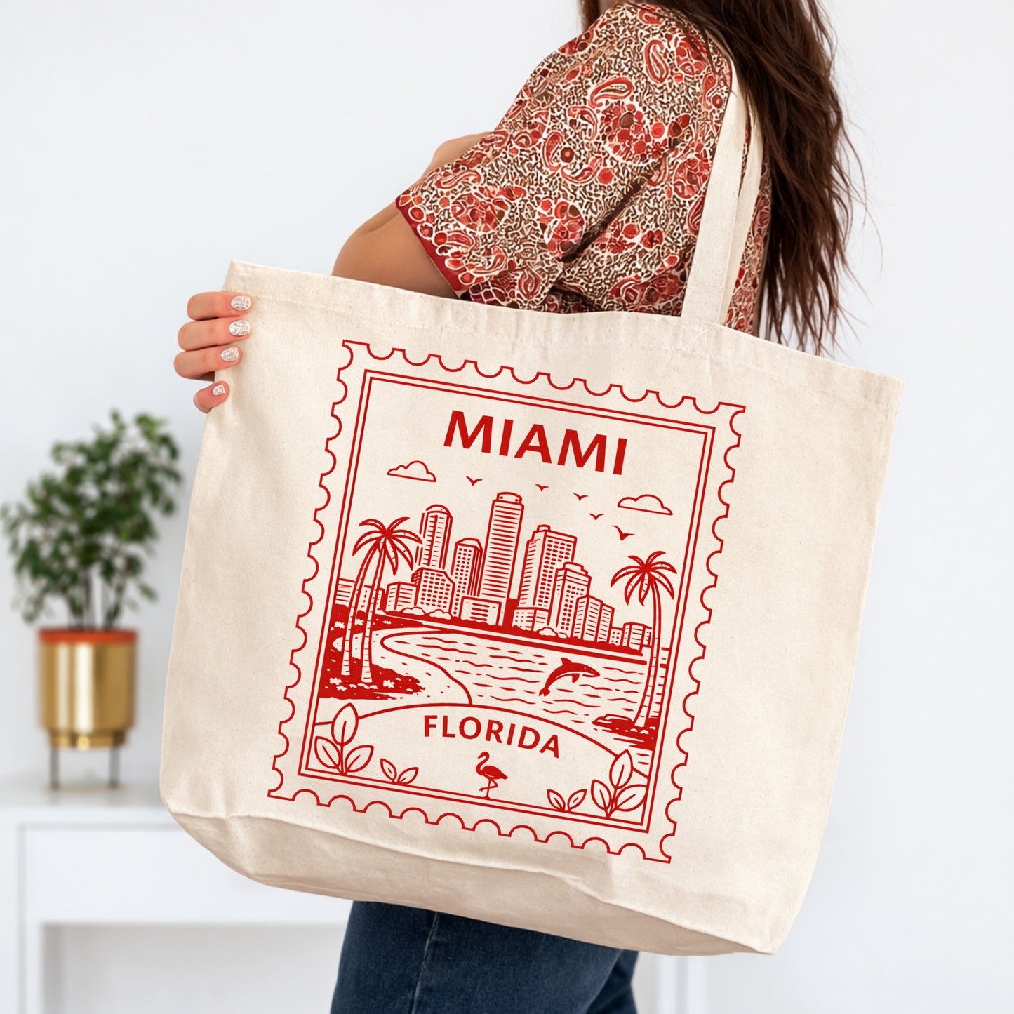 Miami Florida Postage Stamp Large Tote Bag 20x15