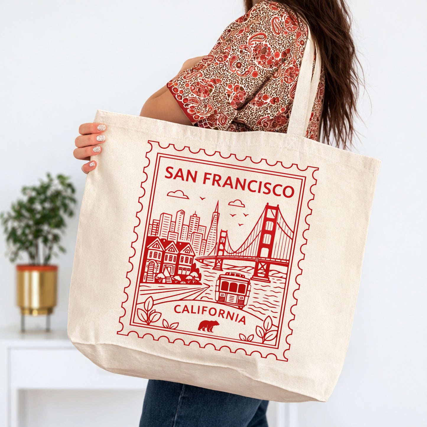 San Francisco California Postage Stamp Large Tote Bag 20x15
