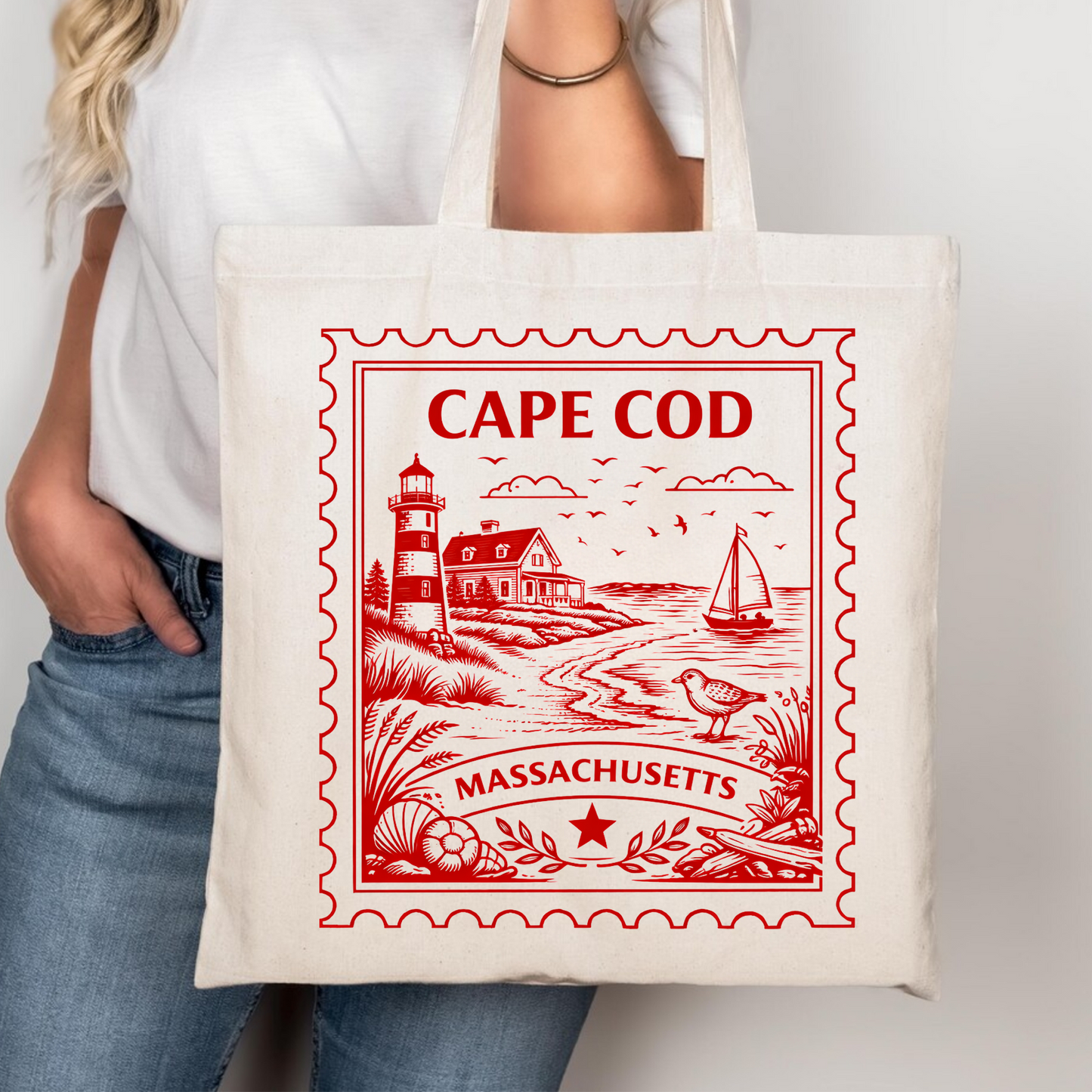 Cape Cod Massachusetts Postage Stamp Tote Bag