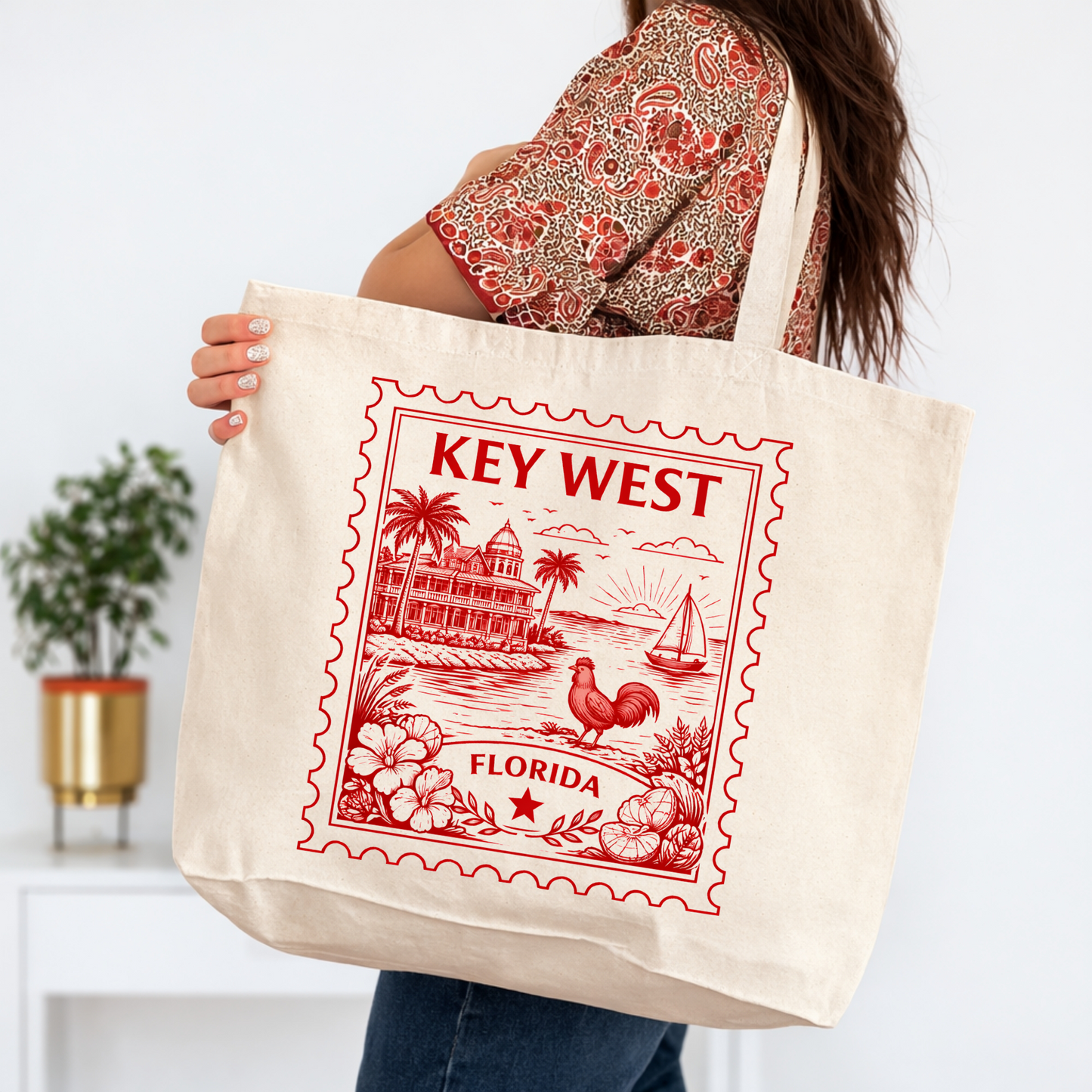 Key West Florida Postage Stamp Large Tote Bag 20x15