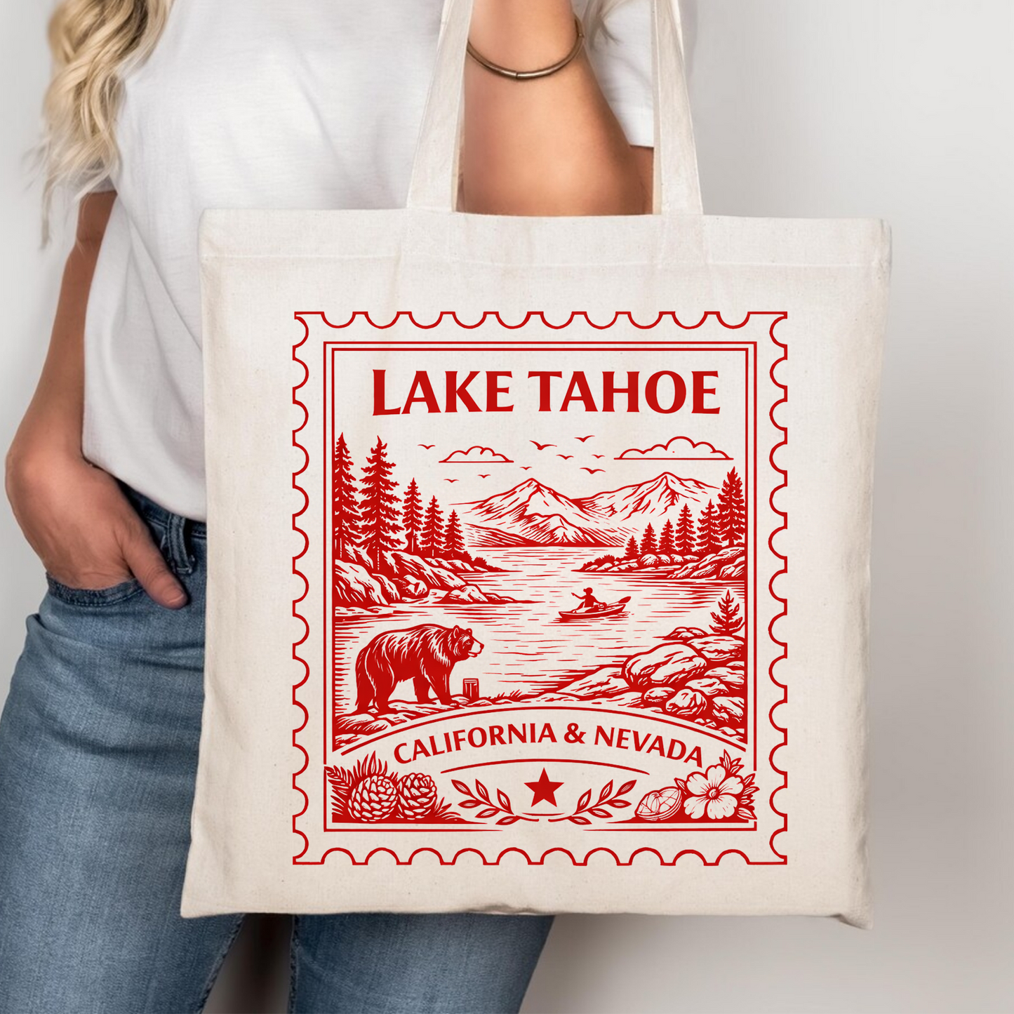 Lake Tahoe California & Nevada Postage Stamp Tote Bag