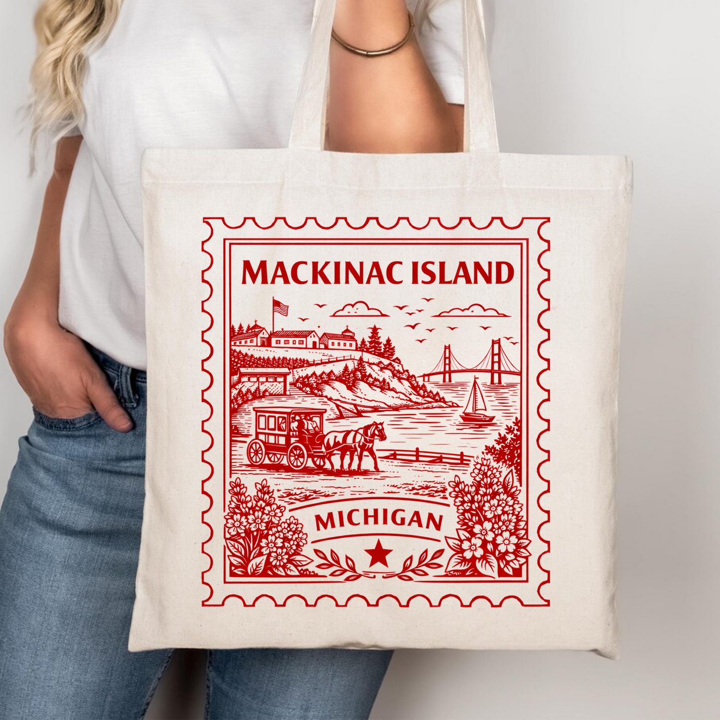Mackinac Island Michigan Postage Stamp Tote Bag