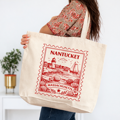 Nantucket Massachusetts Postage Stamp Large Tote Bag 20x15