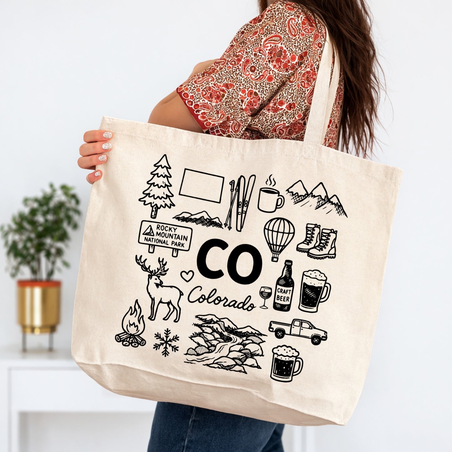 Colorado Mountain Icons Large Tote Bag 20x15