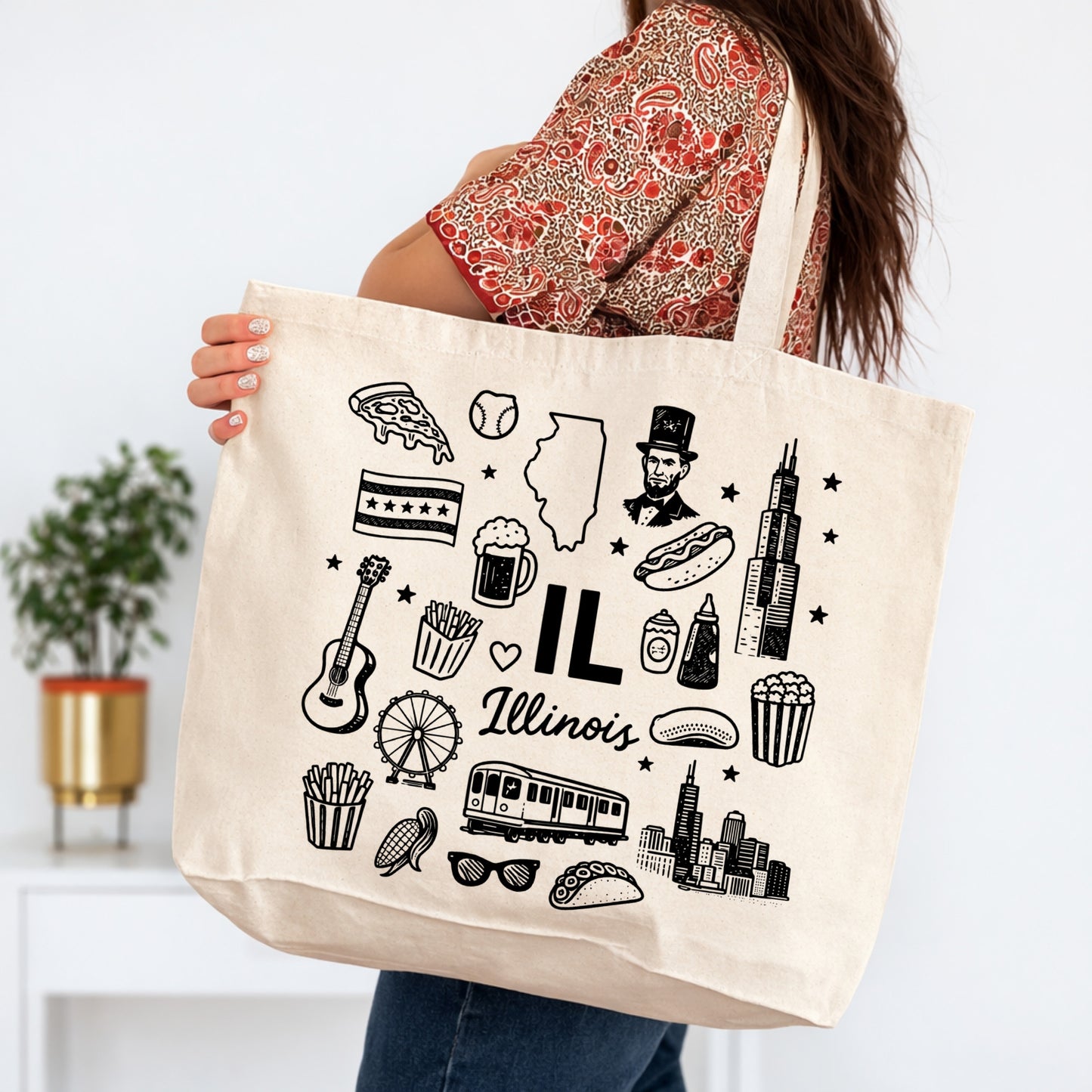 Illinois State Icons Large Tote Bag 20x15
