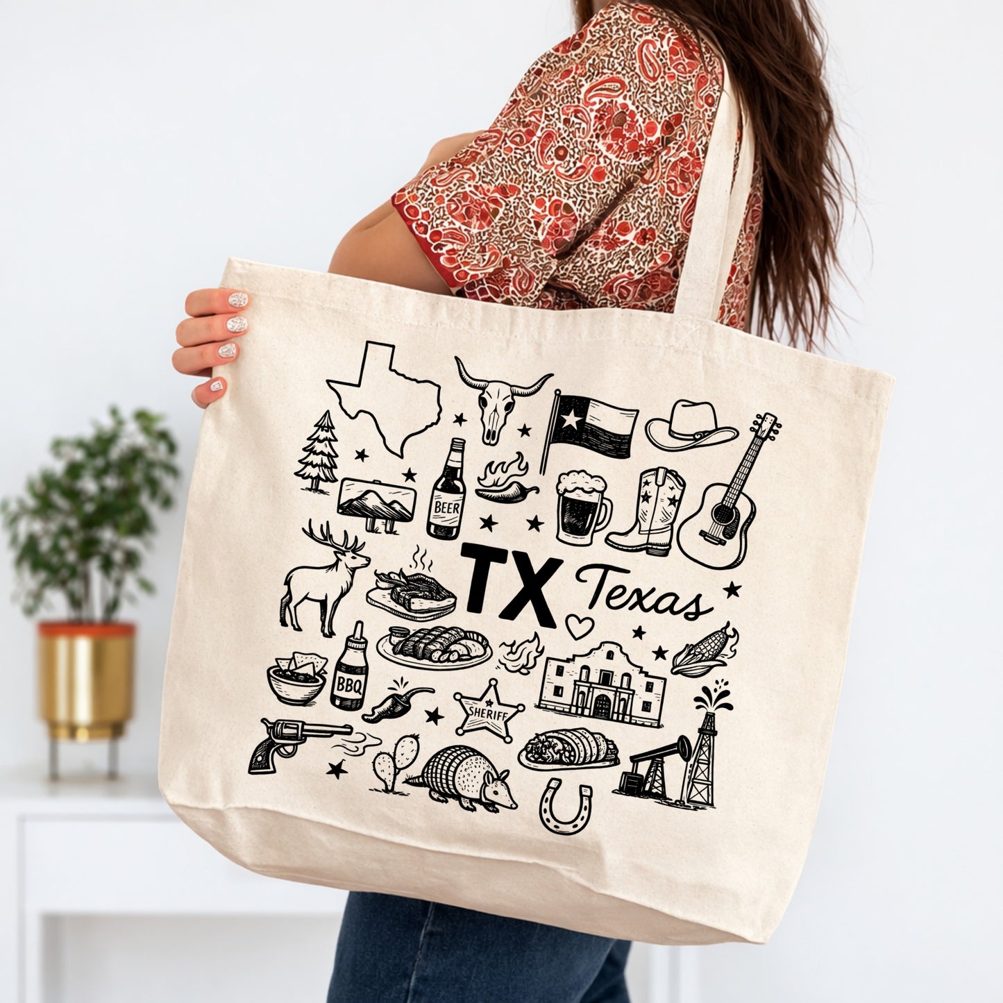 Texas State Icons Large Tote Bag 20x15