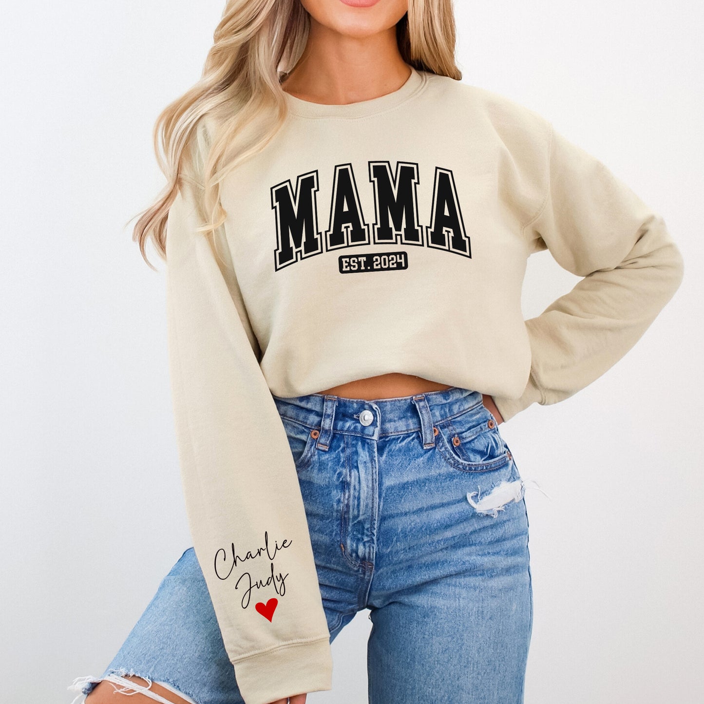 Mama Est Sweatshirt With Kids Names on Sleeve