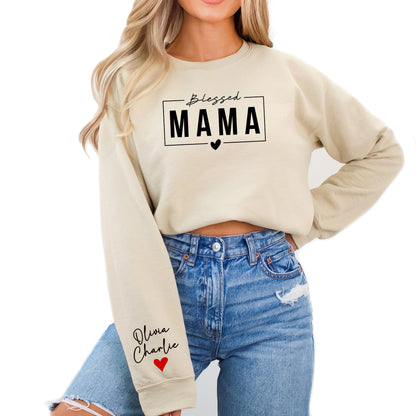 Blessed Mama Sweatshirt With Kids Names on Sleeve