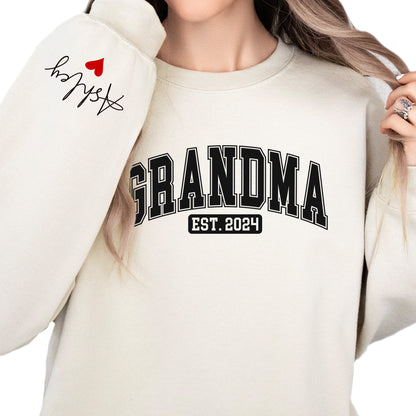 Grandma Est Sweatshirt With Grandkids Names on Sleeve