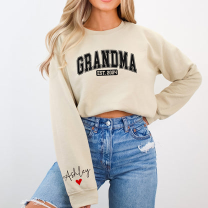 Grandma Est Sweatshirt With Grandkids Names on Sleeve