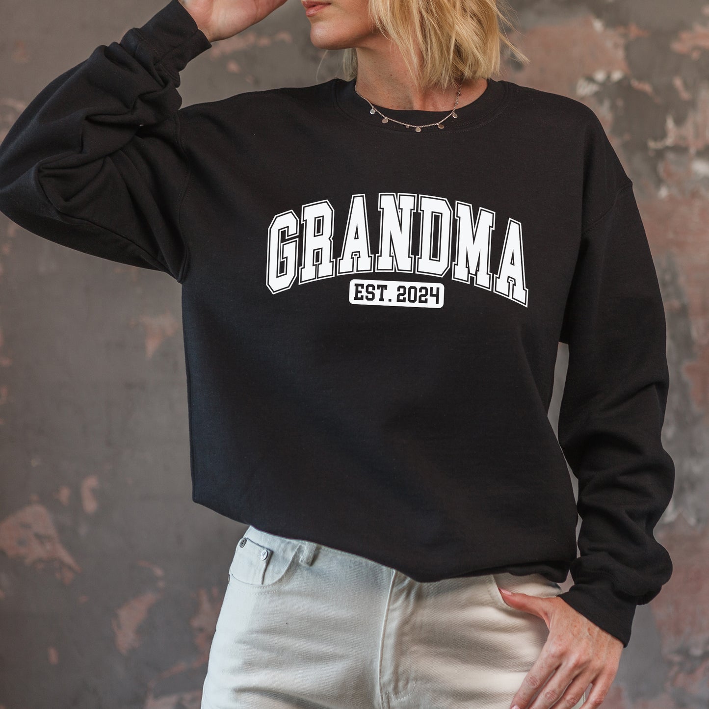 Grandma Est Sweatshirt With Grandkids Names on Sleeve